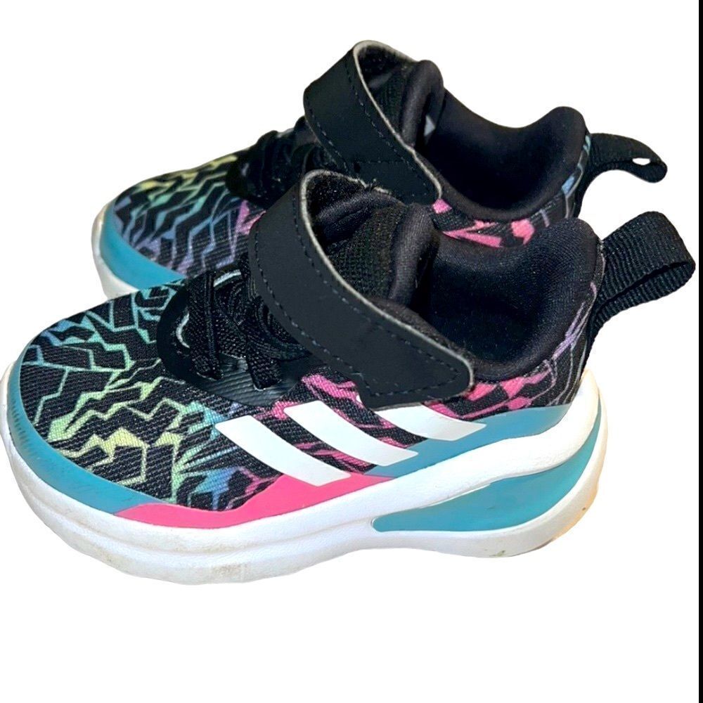 Baby girl Adidas FortaRun sneakers size 4K baby toddler black with brights
